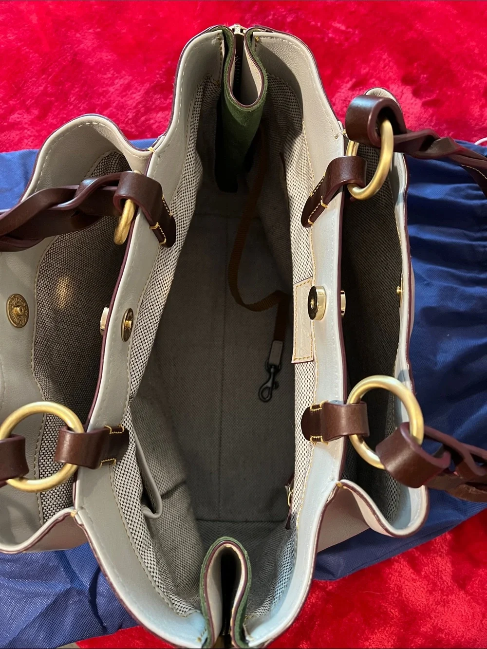 Dooney & Bourke Cream Leather Shoulder Bag with Brown Strap Accents
